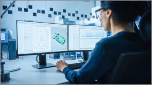 An engineer working on a PCB layout and finished design