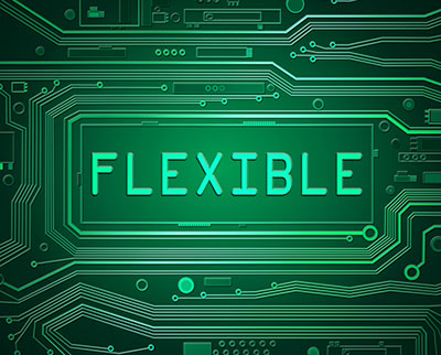 A printed circuit board with the letters “flexible” on it