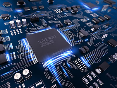 High tech electronic PCB (Printed circuit board) with processor and microchips.