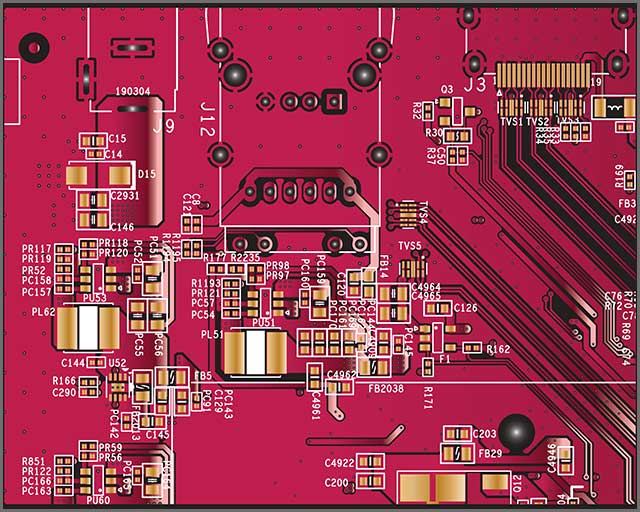 A PCB with red solder mask