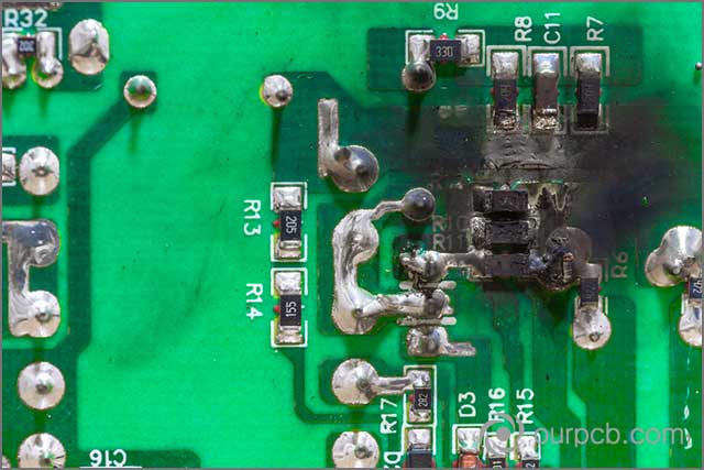 It shows a heated LED PCB assembly due to short circuit