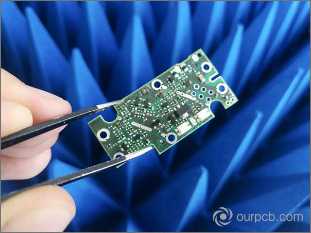 PCB Board in front of Electromagnetic compatibility measurements absorbers