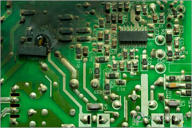 Burnt PCB board due to overheating during PCB soldering