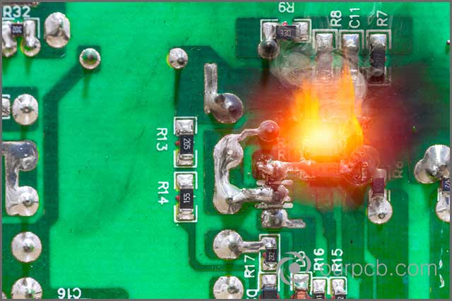 A burning PCB due to short-circuit