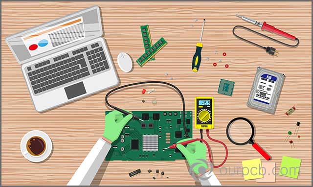 Hands of engineer with a digital multimeter check computer electronic circuit board