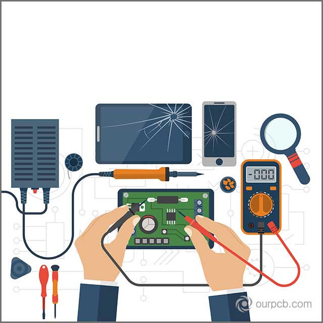 The workplace of the engineer. Soldering iron for PCB Assembly.