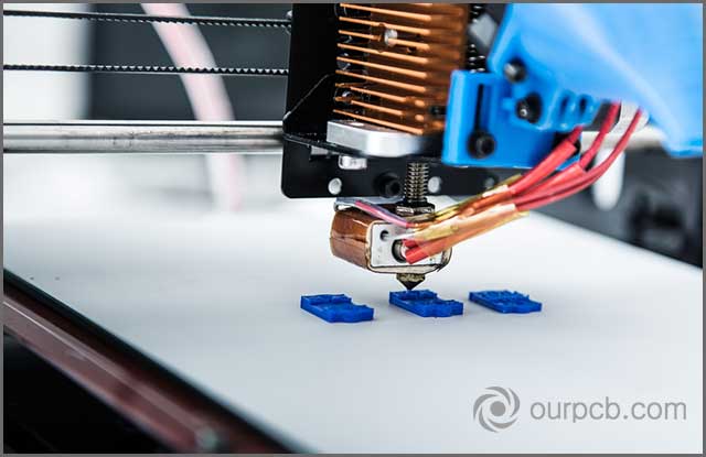 futuristic PCB 3D printer working on an advanced PCB