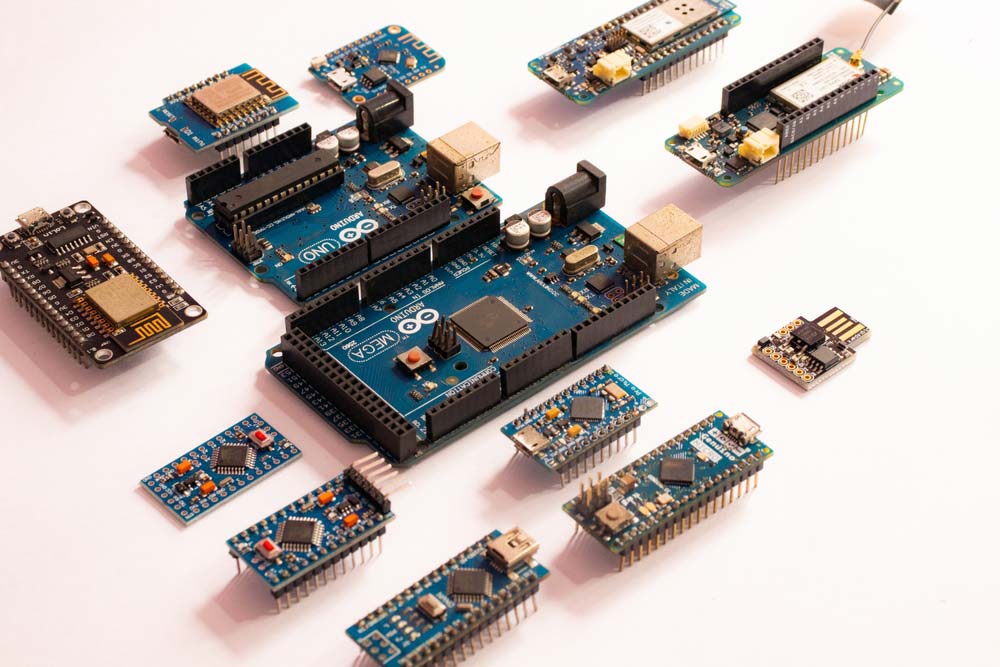 Different Arduino boards, including the Mega, Nano, UNO, and Micro