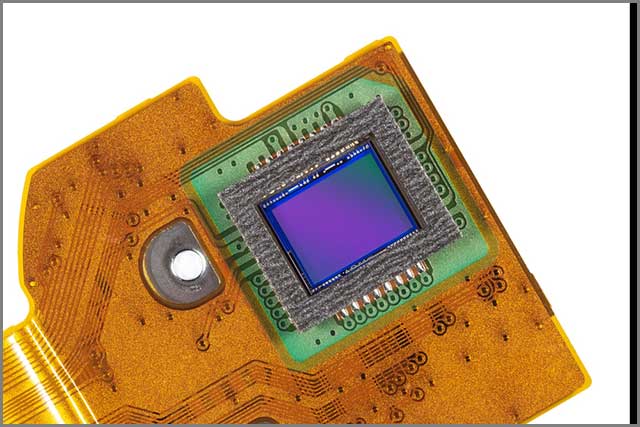 Photosensitive sensor on a flexible printed circuit board close-up