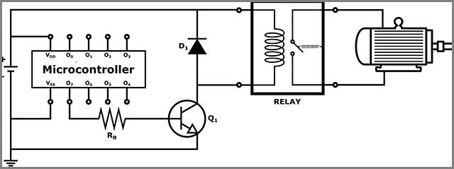 Relay and Transistor interfacing a connection between microcontroller and a DC motor