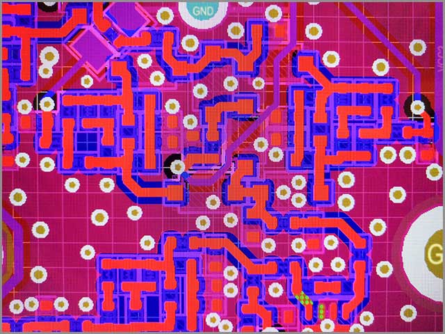 Close up computer screen view of PCB design layout routing process in specialized software