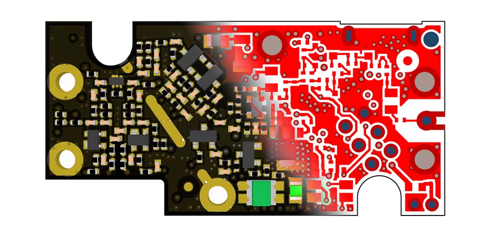 A PCB design concept blending a 3D view with the inner layer Gerber file