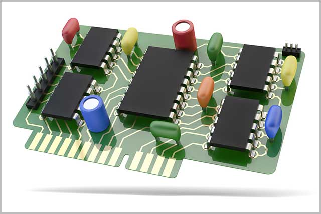 Resistors, anodes, and transistors on a PCB