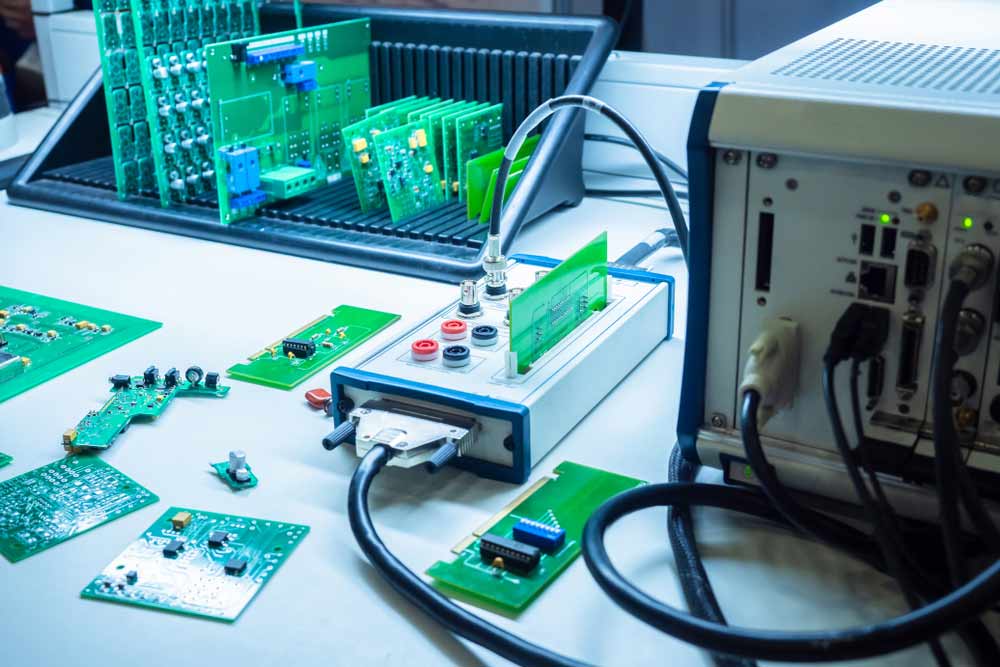 Electronic components undergoing testing in PCBs