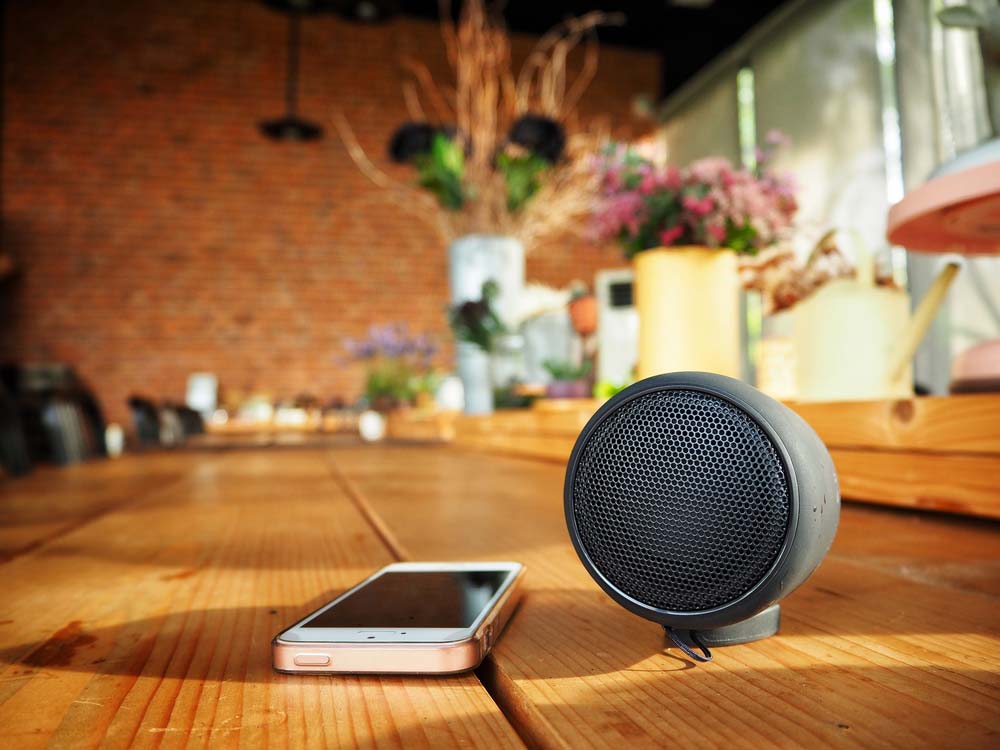 A Bluetooth speaker with a smartphone next to it