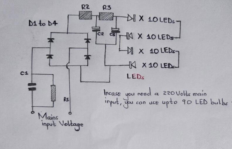 Circuit diagram of a 40 LED bulbs DIY circuit
