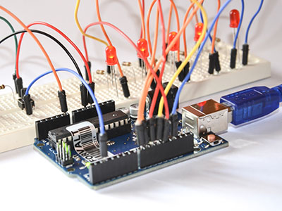 Arduino Uno connected to a breadboard