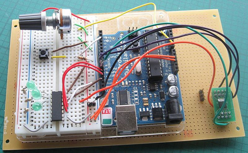 A digital potentiometer connected with Arduino on a breadboard