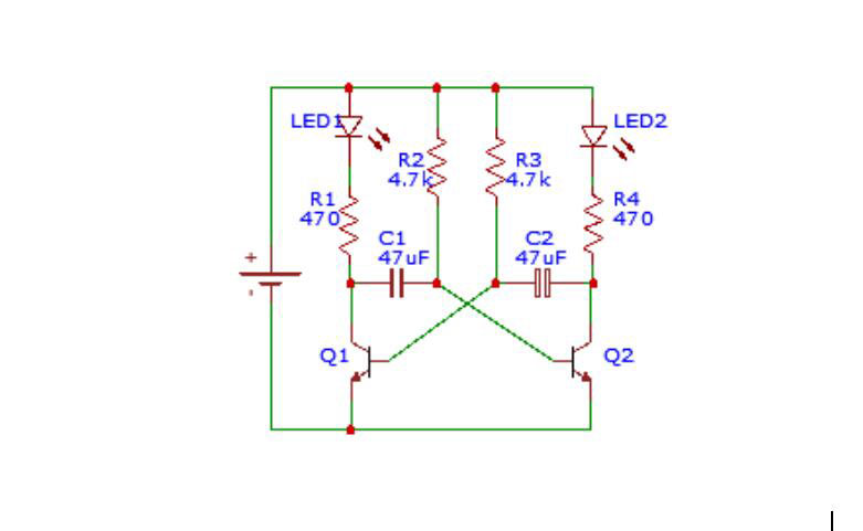 Circuit diagram showing a flashing LED with two transistors