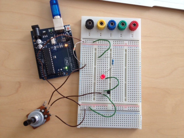 A potentiometer connected via the pins to Arduino