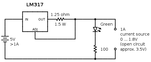 This is a constant current source circuit that uses the LM317 voltage regulator