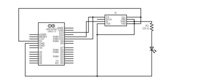 A schematic of MCP41010 potentiometer connected to Arduino Leonardo