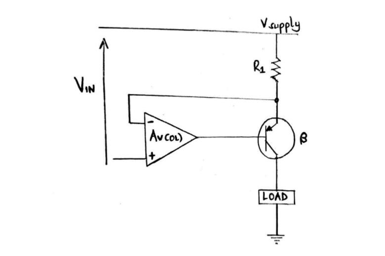 Circuit diagram with op-amp and a PNP transistor for a current follower
