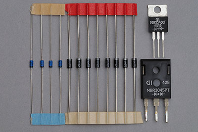 A photo of various types of Schottky diodes