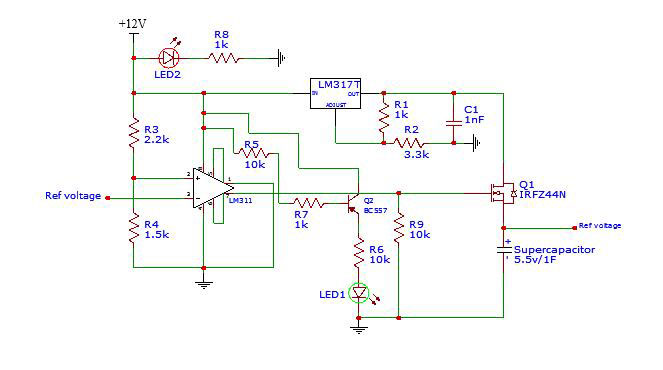 Supercapacitor charger circuit diagram.