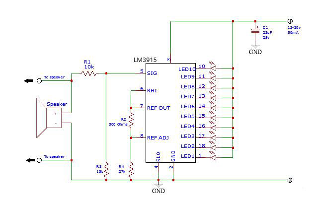 Audio wattmeter circuit diagram with an LM3915.