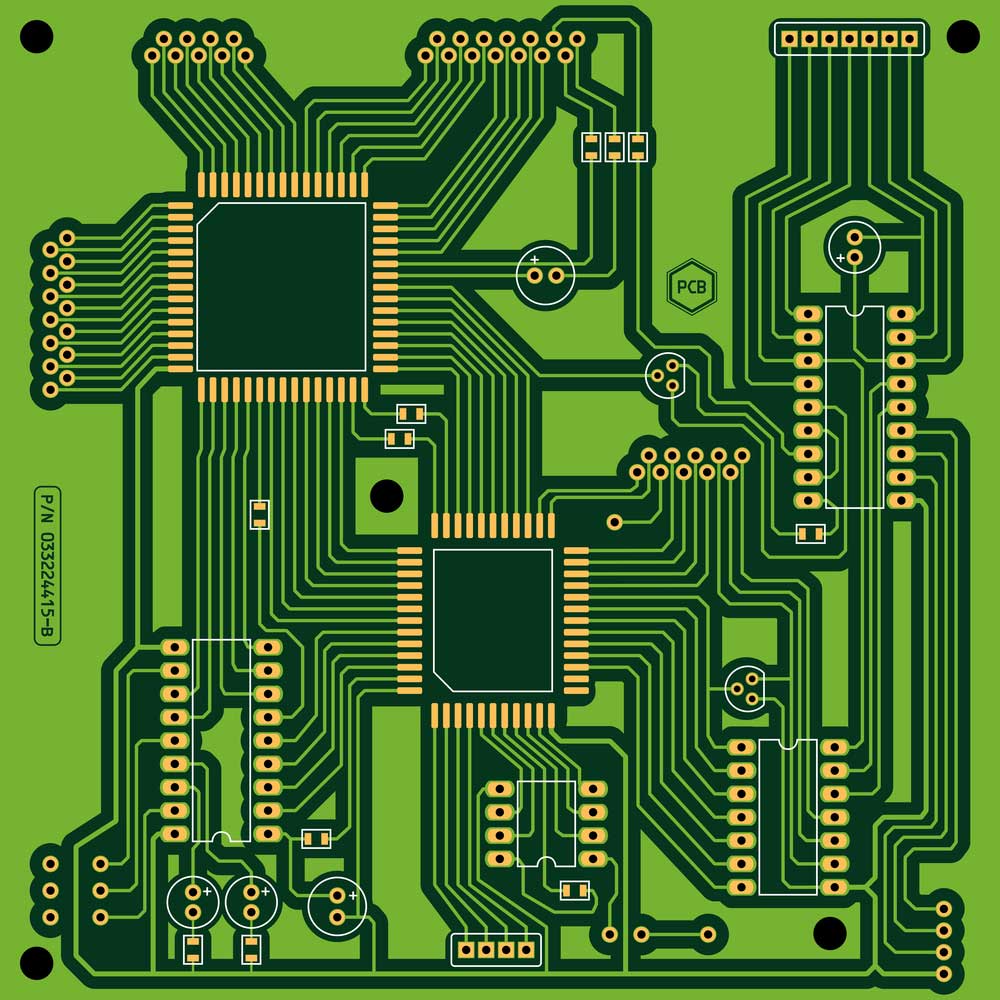Green printed circuit board (PCB) with components