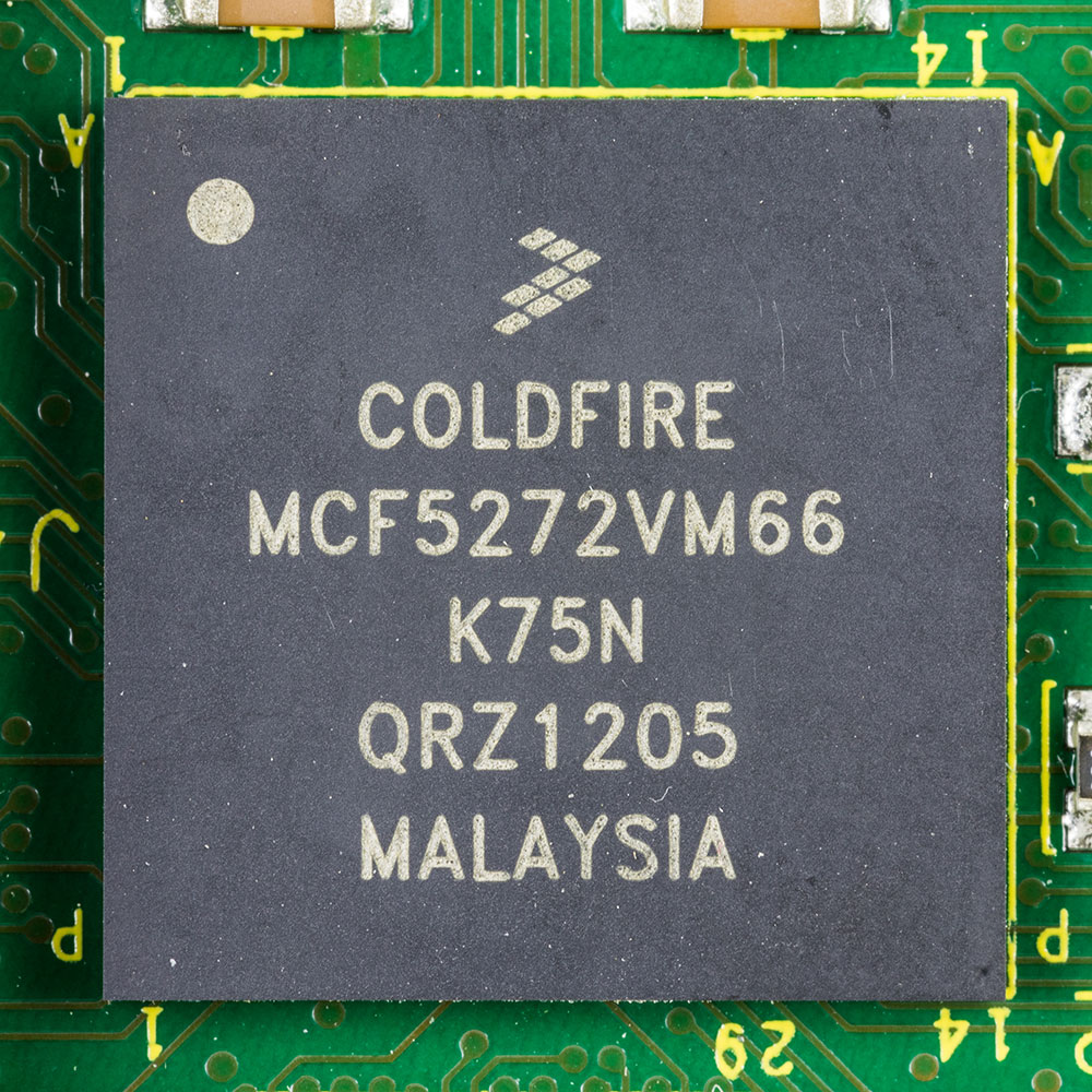 A Coldfire MCF5272VM66 microprocessor mounted on a 96-ball PBGA