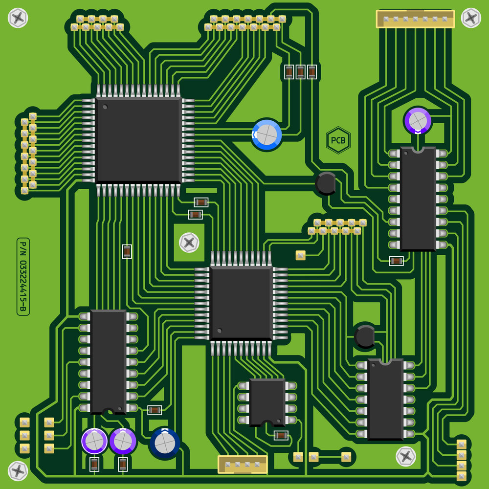 Green printed circuit board (PCB) with components. 
