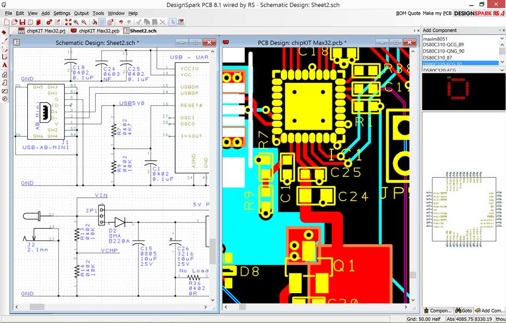 PCB schematic and design diagrams placed side by side in DesignSpark design software