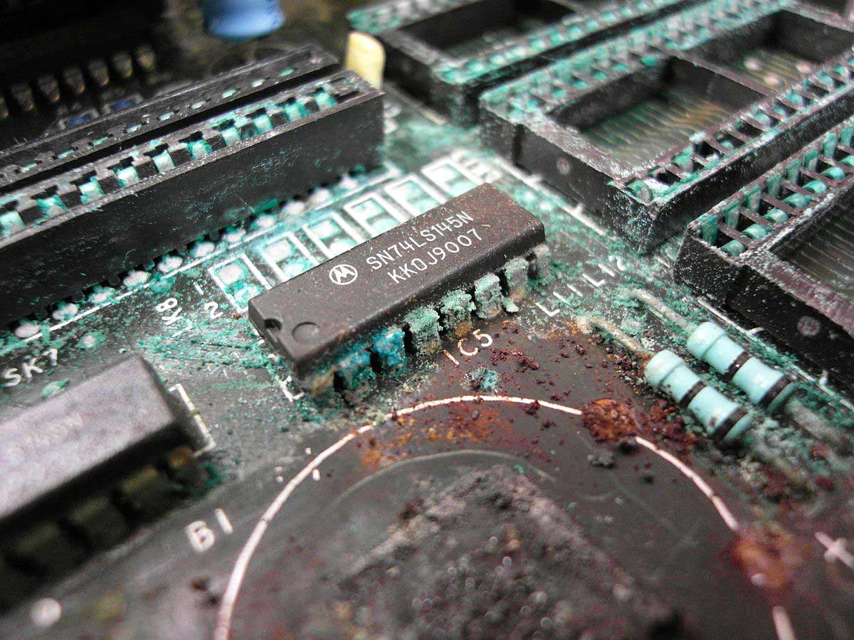 A PCB with corrosion to show age or use
