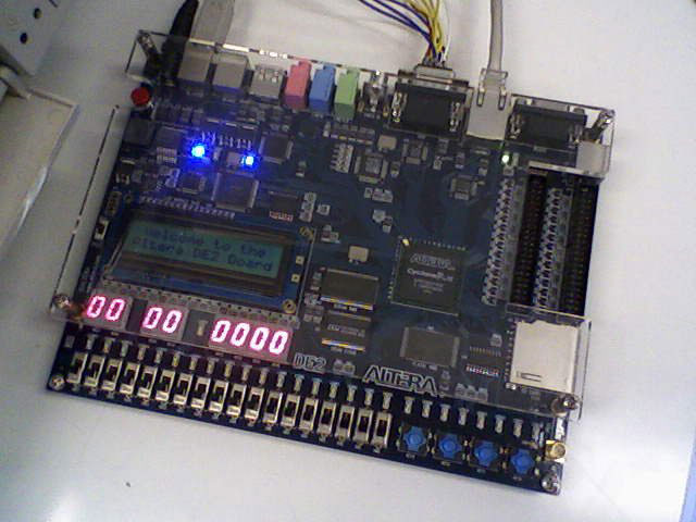 An LCD character display and LEDs on an FPGA board
