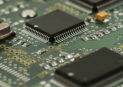 An image of an integrated circuit on a motherboard