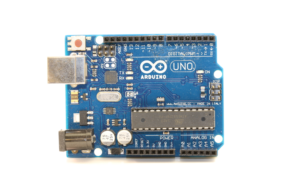 An Arduino UNO microcontroller. Note the connecting pins
