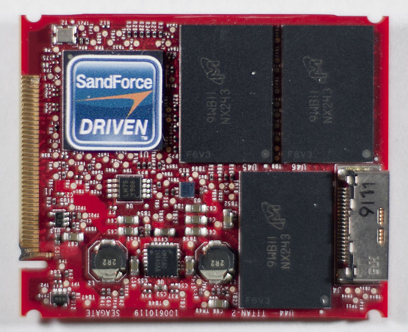 A SATA SSD printed circuit board with electronic components