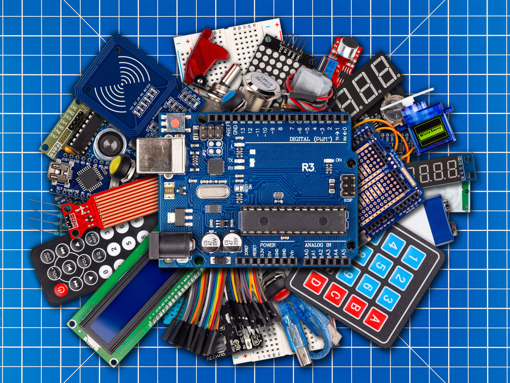 Microcontroller board display with sensor button switches cables