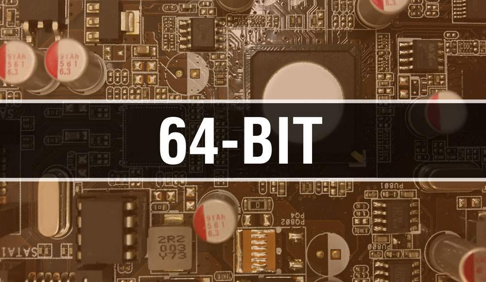 64-bit title written across a circuit board