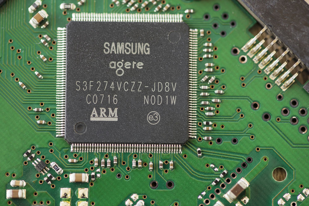 A microprocessor on a circuit board