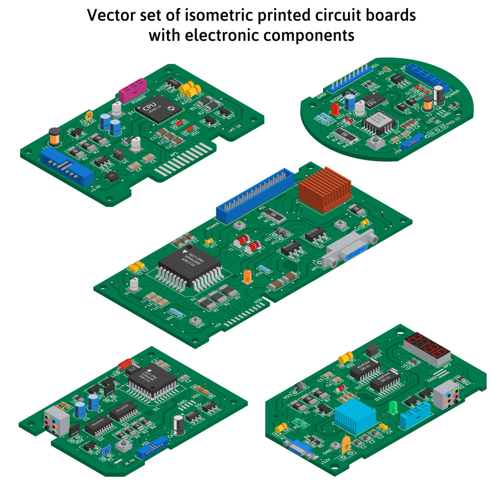 Vector set of isometric printed circuit boards.