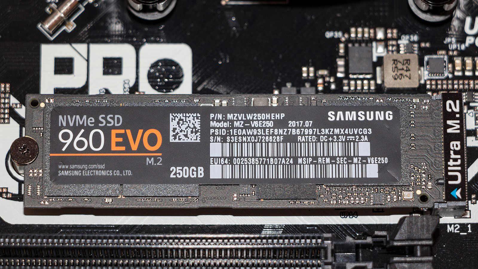 An NVMe M.2 SSD installed in an M.2 slot