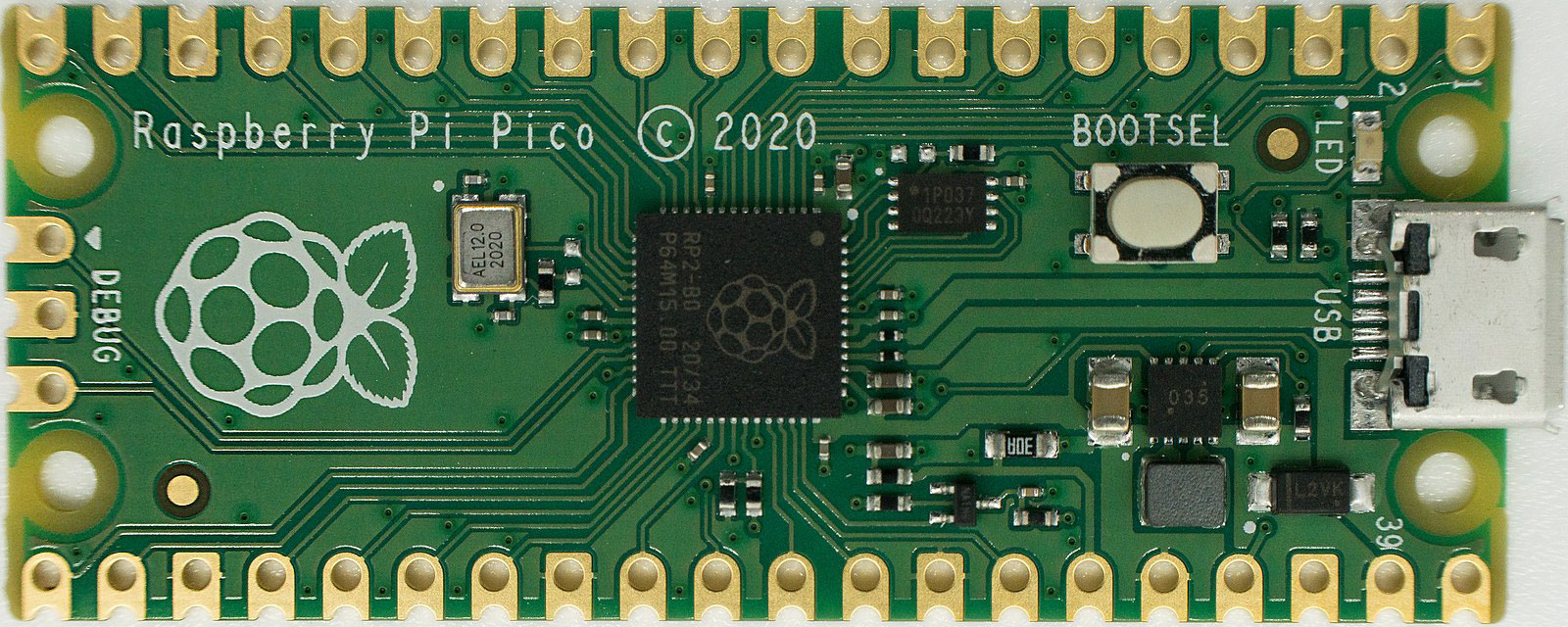 An up-close image of the Raspberry Pi Pico. Note the LED and three debug pins on the opposite side of the MicroUSB port