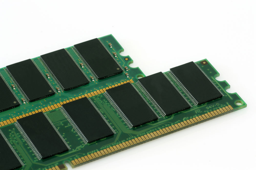 The gold fingers on two RAM modules