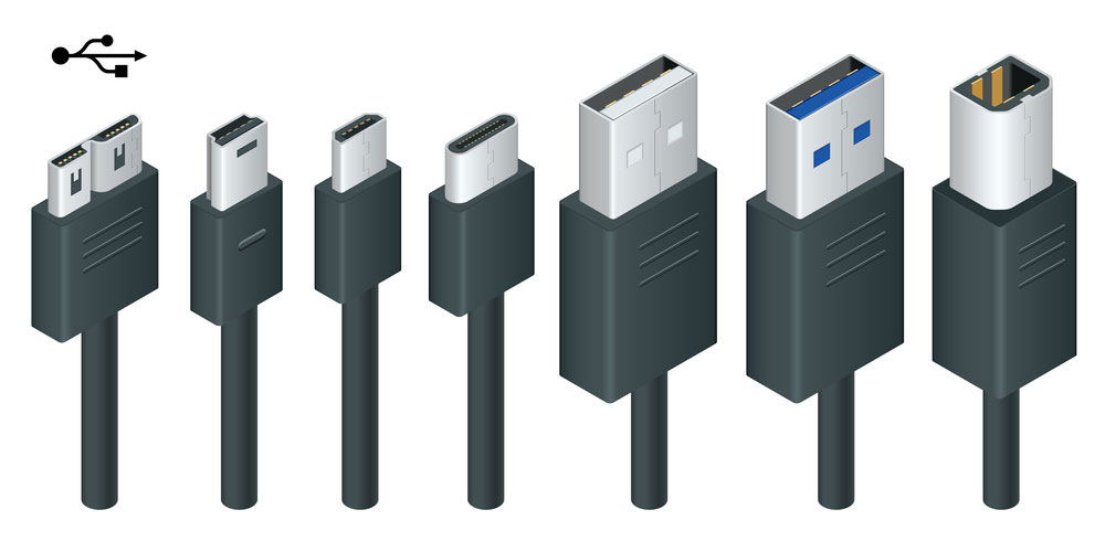 Isometric black USB types port plug-in cables.