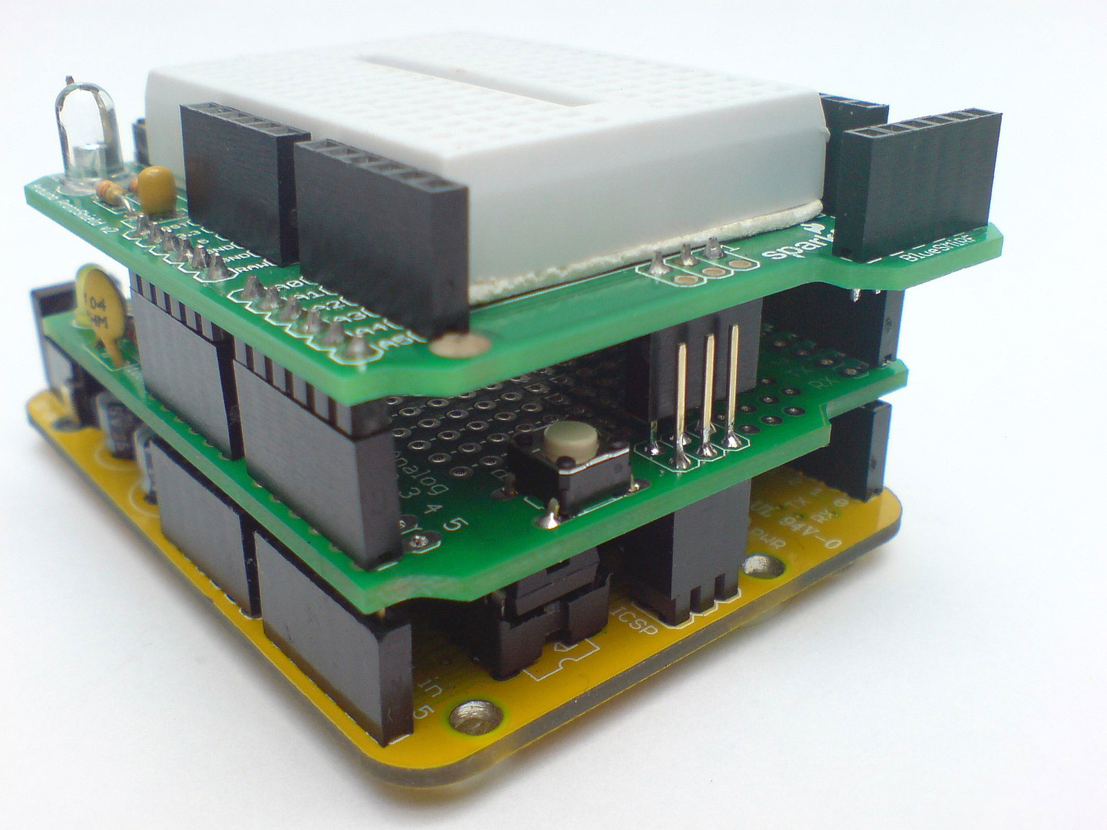 A prototype shield for Arduino with a mini breadboard attached