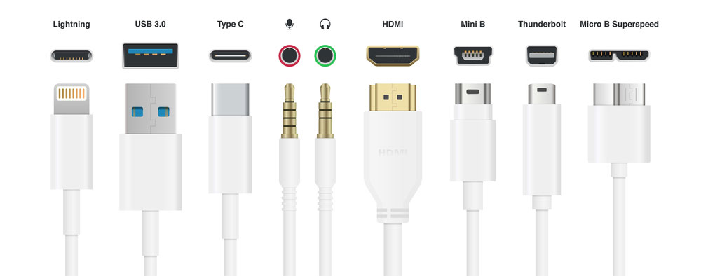 Various connectors. Note the blue-colored tip of USB 3.0