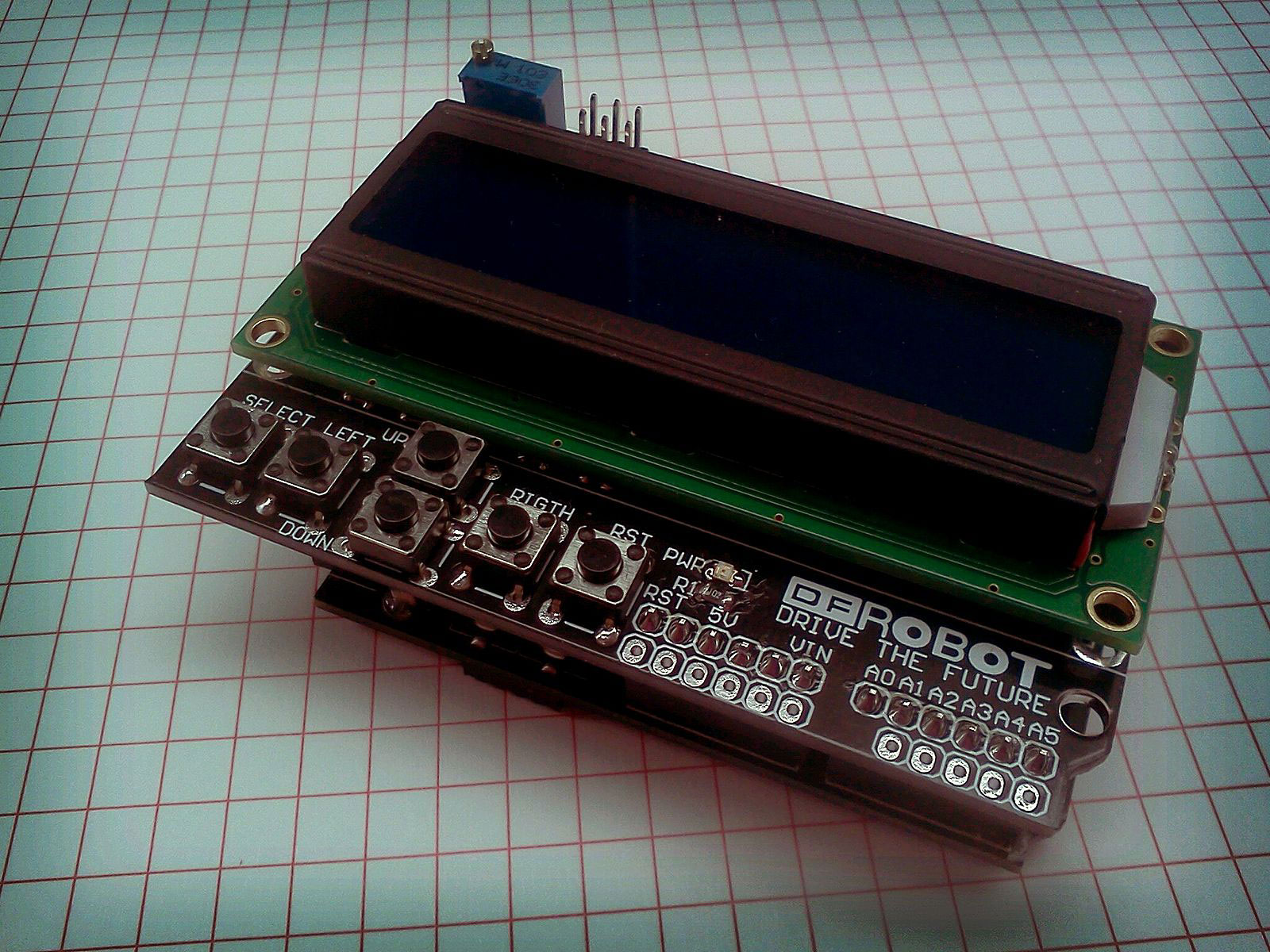 An LCD shield on an Arduino board